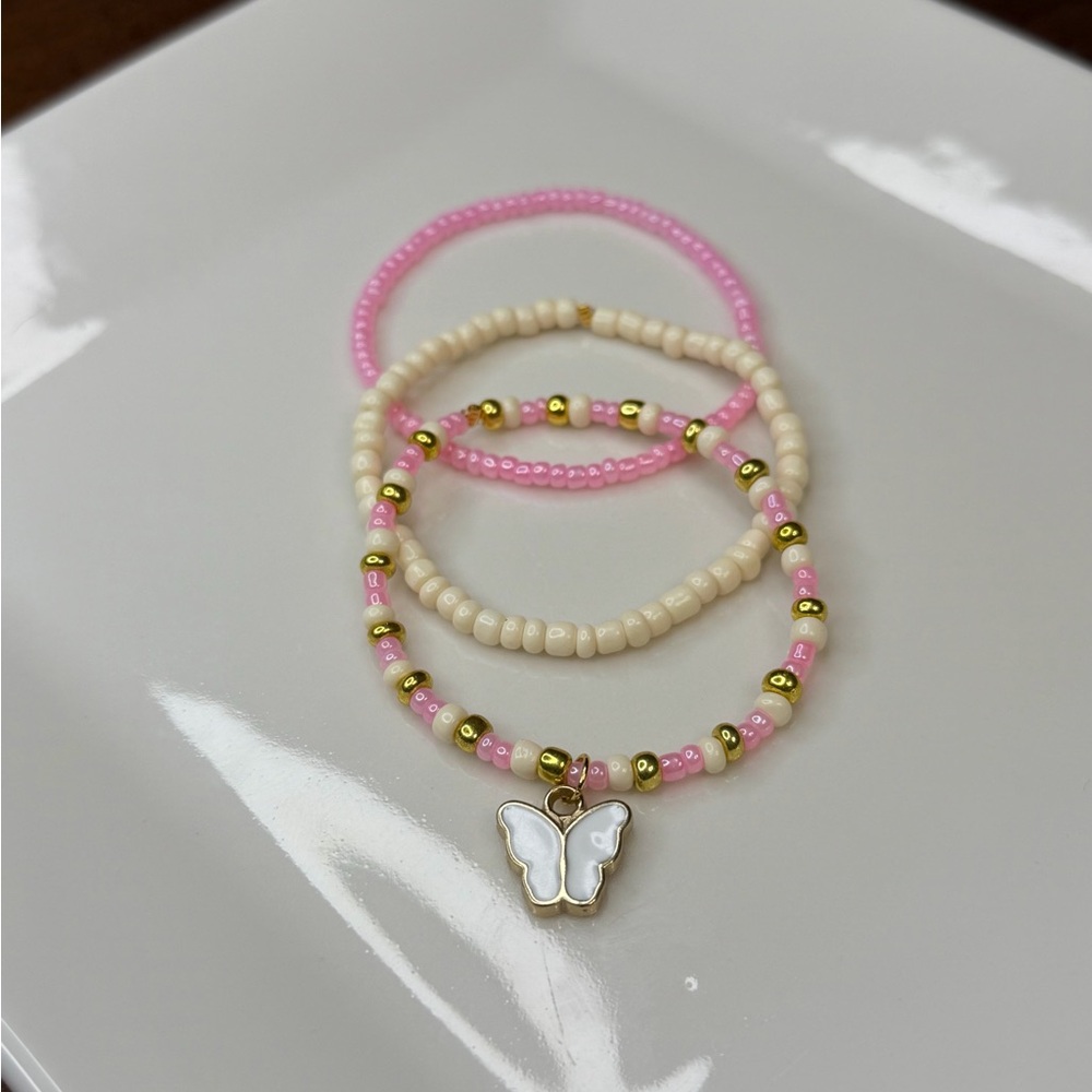 Pink and Cream Beaded Butterfly Bracelet Set
